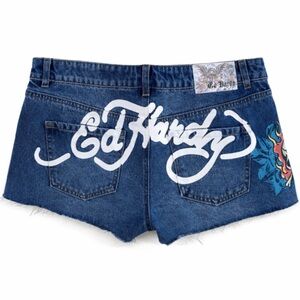 Ed Hardy Flame Skull Denim Shorts With Raw Hem Size Large Like New!